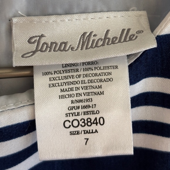 Jona Michelle Navy Striped Floral Sleeveless Lined Party Dress, Girls Size 7 - Picture 7 of 12